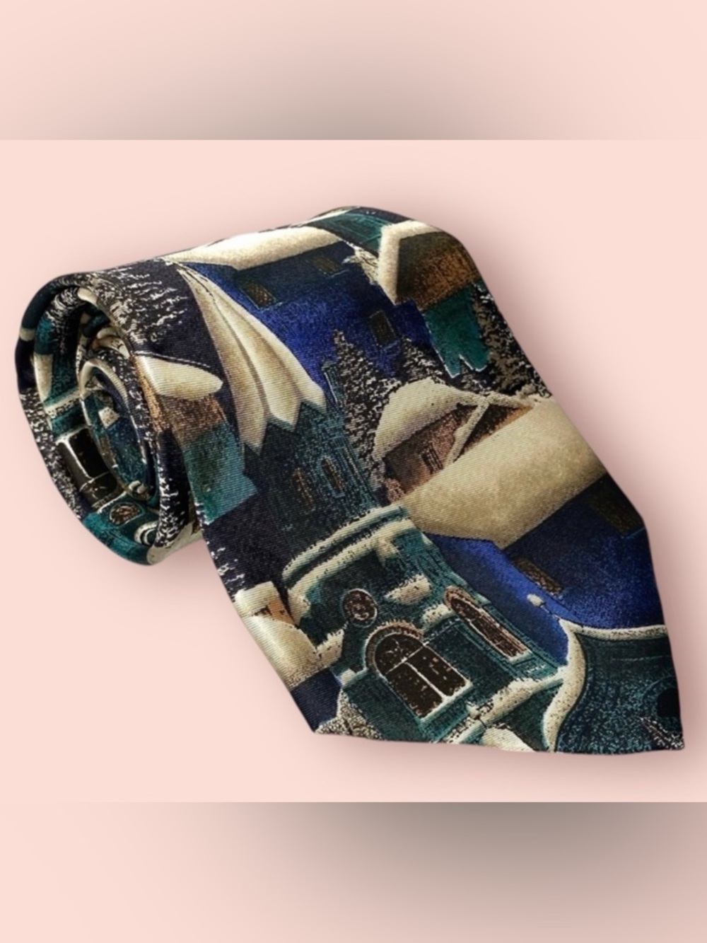 3/$10 R.B. Tie 57” 100% Silk Snow Covered Town Christmas